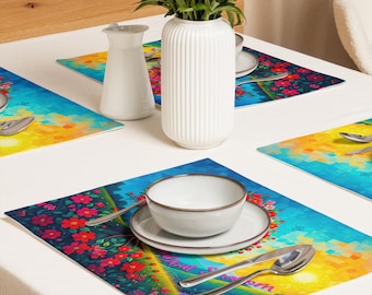 Premium Cloth Placemats: Ethnically Inspired, Original Shabbat Shalom Design, Holiday, Judaica Home Decor Gift Set of 4 (18” x 14”) #17