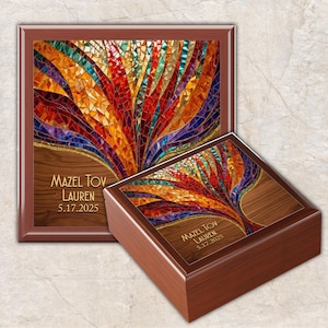 Personalized Bar Bat Mitzvah Jewelry Box: Varnished Wood, Ceramic Tile Top #8