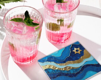 Ceramic Beverage Coaster; Non-Slip, Cork Back, Judaica Home Décor Gift #4