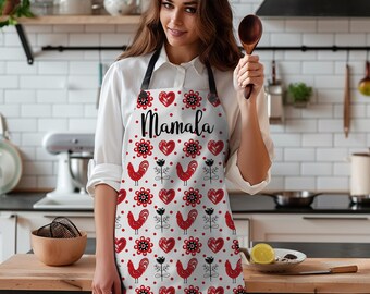 Personalized Kitchen Apron; Heart Print Design on Poly Twill, Unisex, One Size Fits Most, Valentine, Yiddish Gift #13