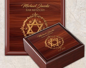 Personalized Bar Bat Mitzvah Jewelry Box: Varnished Wood, Ceramic Tile Top #6