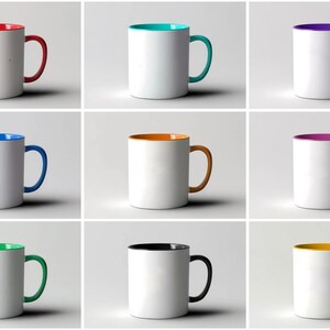 May include: Nine white ceramic mugs with different colored rims and handles. The mugs are arranged in three rows of three. The colors of the rims and handles are red, turquoise, purple, blue, orange, pink, green, black, and yellow.