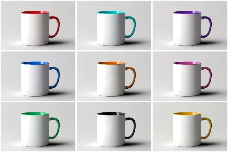 May include: Nine white ceramic mugs with different colored rims and handles. The mugs are arranged in three rows of three. The colors of the rims and handles are red, turquoise, purple, blue, orange, pink, green, black, and yellow.