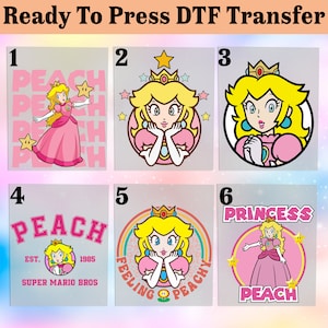 May include: Six different designs featuring Princess Peach from the Super Mario Bros. video game series. Each design is a ready-to-press DTF transfer, perfect for creating custom apparel or accessories.