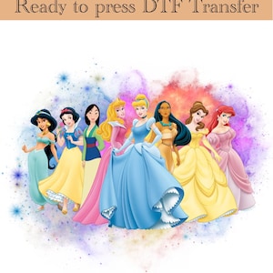 May include: A digital transfer design featuring a group of eight Disney princesses in colorful dresses against a watercolor background. The princesses include Jasmine, Snow White, Mulan, Aurora, Cinderella, Pocahontas, Belle, and Ariel.