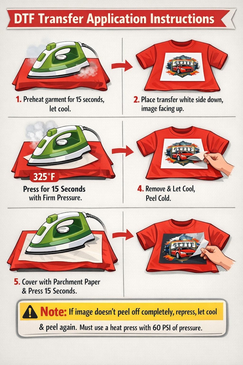 May include: An instructional graphic titled DTF Transfer Application Instructions showing five steps for applying a transfer to a red t-shirt using a green iron. It details preheating, placement, pressing at 325&deg;F, peeling, and using parchment paper.