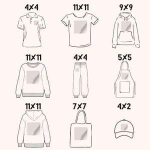 May include: Line drawings of various apparel items, including a polo shirt, t-shirt, hoodie, sweatshirt, sweatpants, apron, tote bag, and baseball cap. Each item features a square area for a design, with dimensions in inches.