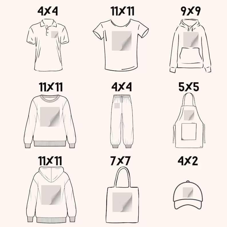 May include: Line drawings of various apparel items, including a polo shirt, t-shirt, hoodie, sweatshirt, sweatpants, apron, tote bag, and baseball cap. Each item features a square area for a design, with dimensions in inches.