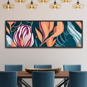 Framed Canvas Art Large, Abstract Botanical Long Horizontal Art Long Narrow Art Minimalist MCM Wide Art, Teal Red Orange Matisse Floral Art