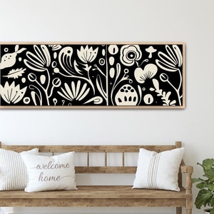 Framed Canvas Art Large Abstract Floral Horizontal Art, Black Beige Wide Wall Art, Minimalist MCM Wall Art, Matisse Floral Long Narrow Art