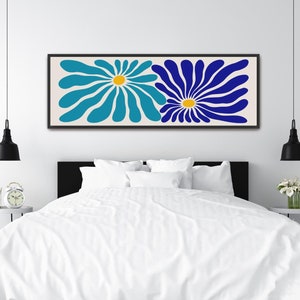 Framed Canvas Art Large Horizontal Art Abstract Botanical Floral Wall Art Blue Long Narrow Art Matisse Flower Print Wide Oversized Wall Art