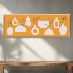 Arte en lienzo enmarcado, gran arte horizontal, abstracto, floreros de cerámica hechos a mano, arte minimalista rústico de granja, arte bohemio moderno, amarillo y naranja