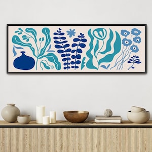 Framed Canvas Art Large Abstract Botanical Long Horizontal Art Long Narrow Wall Art Coastal Art MCM Art Wide Art Blue Matisse Floral Art XL