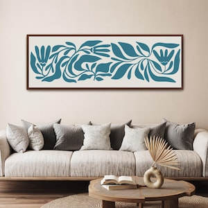 Matisse Leaves Canvas Print, Abstract Botanical Wall Art, Large Horizontal Artwork, Coastal Blue Long Narrow Art, Living Room Wall Decor