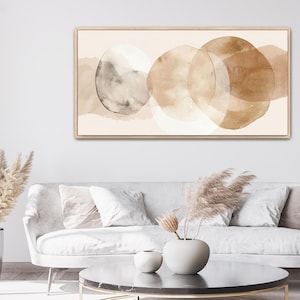 Neutral Abstract Circles Horizontal Canvas Print, Framed Minimalist Wall Art | Soft Beige Brown Tones
