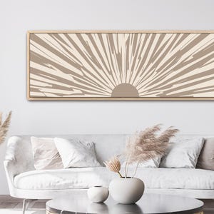 Minimalist Neutral Framed Canvas Print | Long Horizontal Sunburst Wall Art | Mid Century Boho Wall Decor Wide Oversized Customisable Artwork