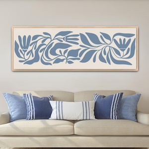 Matisse Leaves Canvas Print, Abstract Botanical Wall Art, Large Horizontal Artwork, Coastal Blue Long Narrow Art, Living Room Wall Decor