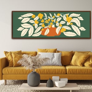 Yellow Poppies in a Red Vase on a Green Background Canvas Print: Large Long Horizontal Botanical Floral Wall Art