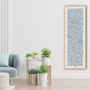 William Morris, Abstract Botanical Art, Framed Canvas Art Large, Long Narrow Wall Art, Skinny Tall Vertical Art, Minimalist Blue Art Nouveau
