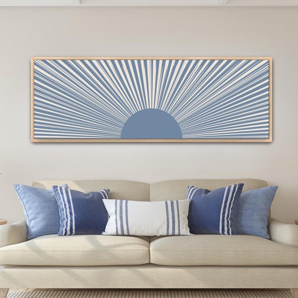 Pale Blue Sunburst Framed Canvas: Mid-Century Modern Wall Art