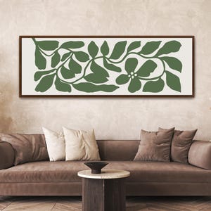 Olive Green Botanical Large Canvas Print | Long Horizontal Floral Framed Wall Art | Modern Nature-Inspired Artwork Scandi Wide Wall Decor