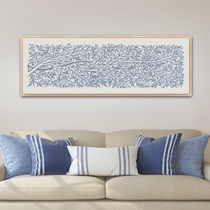 William Morris, Abstract Botanical Art, Framed Canvas Art Large, Long Narrow Wall Art, Wide Horizontal Art, Minimalist Blue Art Noveau