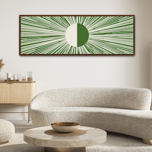 Boho Sun Print, Framed Canvas Art, Large Horizontal Art, Mid Century Modern Sun, Green Long Narrow Wall Art, Wide Living Room Wall Decor
