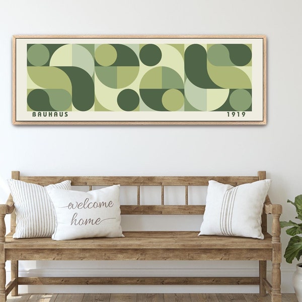 Mid Century Modern Bauhaus Framed Canvas Art, Green Geometric Wall Decor