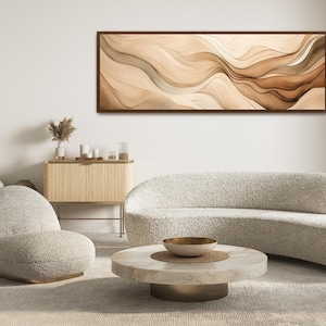 Abstract Wave Framed Canvas Art: Beige, Blue Minimalist Line Art