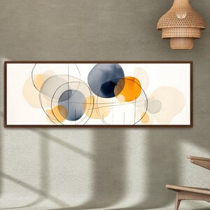 May include: Abstract art print with overlapping circles in shades of blue, yellow, and white. The circles are outlined in black and set against a white background.
