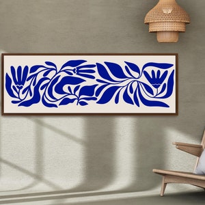 Matisse Leaves Canvas Print, Abstract Botanical Wall Art, Large Horizontal Artwork, Blue Long Narrow Art, Living Room Wall Decor