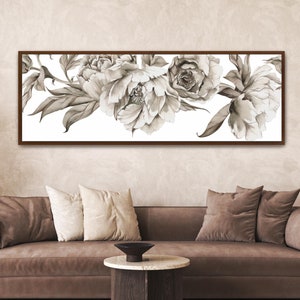 May include: A framed print of a watercolor painting of white peonies with brown stems and leaves on a white background.