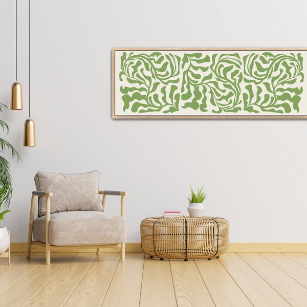 Framed Canvas Art Large, Abstract Botanical, Floral Art, Green Wall Art, Long Horizontal Art, Minimalist MCM, Wide Art, Matisse, Leaf Print