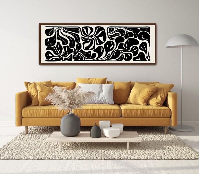 Abstract Botanical Horizontal Canvas Print | Long Matisse Inspired Coastal Wall Art, Neutral Black image 8