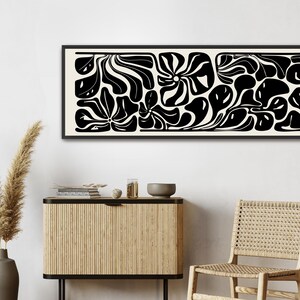 Abstract Botanical Horizontal Canvas Print | Long Matisse Inspired Coastal Wall Art, Neutral Black Canvas(black frame)