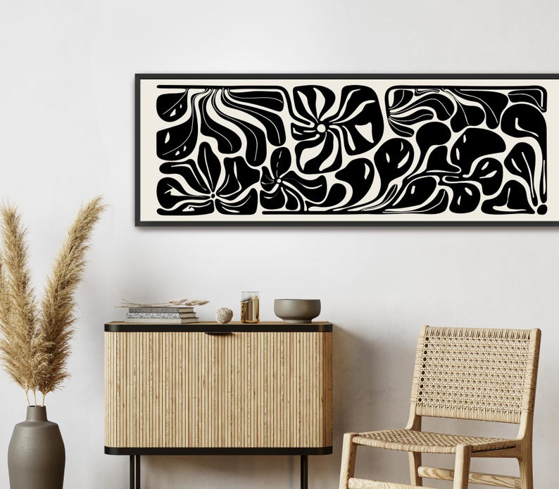 Abstract Botanical Horizontal Canvas Print | Long Matisse Inspired Coastal Wall Art, Neutral Black Canvas(black frame)