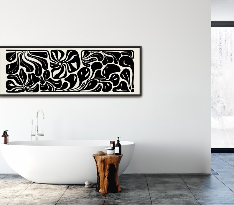 Abstract Botanical Horizontal Canvas Print | Long Matisse Inspired Coastal Wall Art, Neutral Black image 16