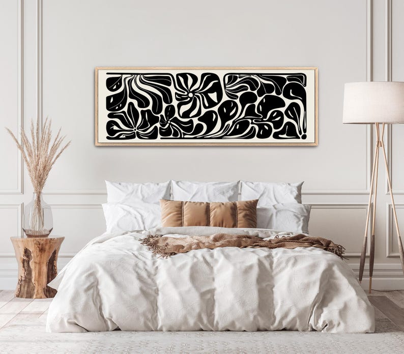 Abstract Botanical Horizontal Canvas Print | Long Matisse Inspired Coastal Wall Art, Neutral Black image 11