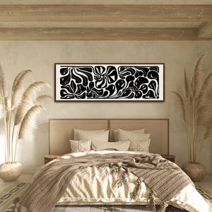 Abstract Botanical Horizontal Canvas Print | Long Matisse Inspired Coastal Wall Art, Neutral Black image 19