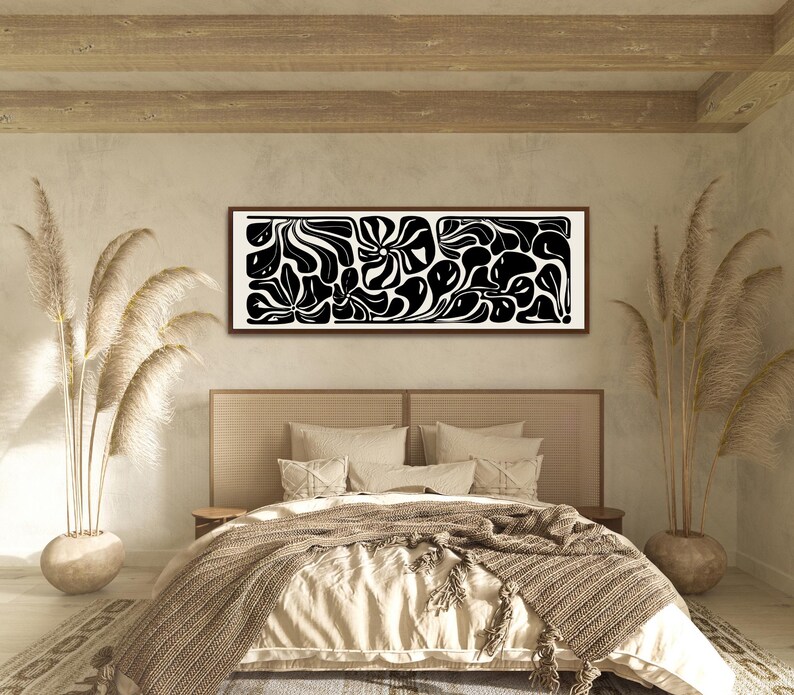 Abstract Botanical Horizontal Canvas Print | Long Matisse Inspired Coastal Wall Art, Neutral Black image 19