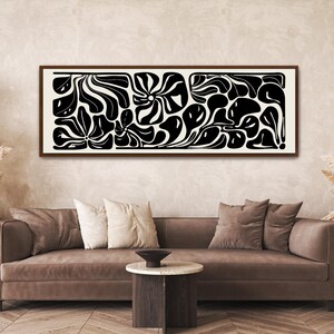 Abstract Botanical Horizontal Canvas Print | Long Matisse Inspired Coastal Wall Art, Neutral Black Canvas(brown frame)