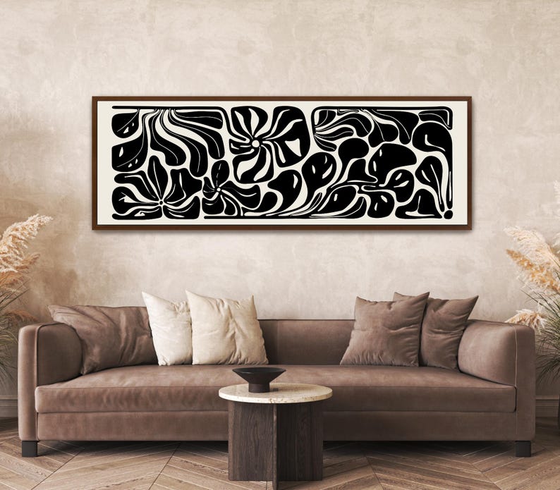 Abstract Botanical Horizontal Canvas Print | Long Matisse Inspired Coastal Wall Art, Neutral Black Canvas(brown frame)