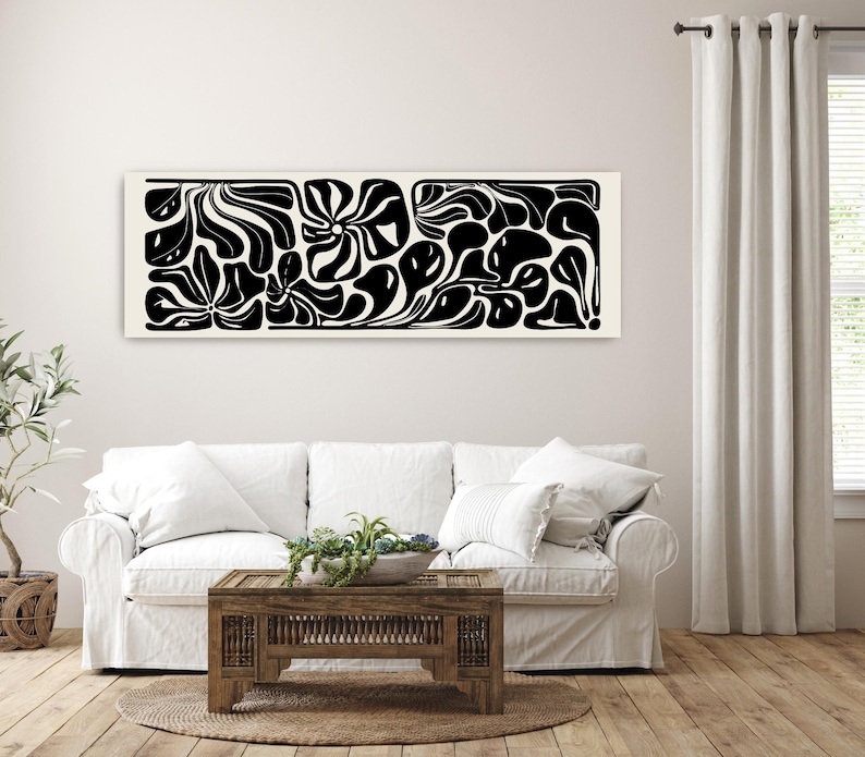 Abstract Botanical Horizontal Canvas Print | Long Matisse Inspired Coastal Wall Art, Neutral Black image 3