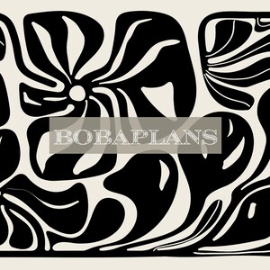 May include: Abstract floral pattern in black and cream. The design features stylized flower shapes with curved lines and a central text overlay that reads "BOBAPLANS". The overall aesthetic is modern and graphic.