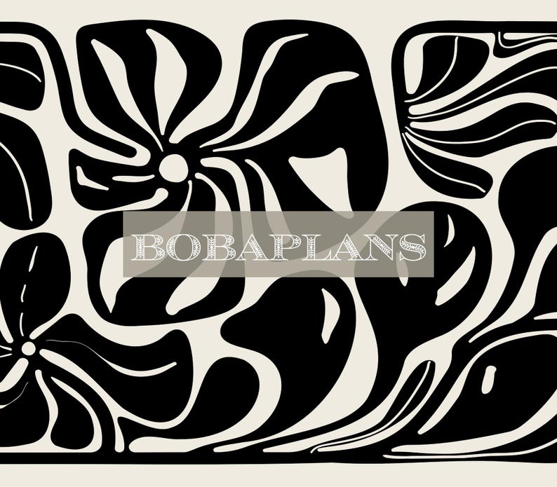 May include: Abstract floral pattern in black and cream. The design features stylized flower shapes with curved lines and a central text overlay that reads "BOBAPLANS". The overall aesthetic is modern and graphic.