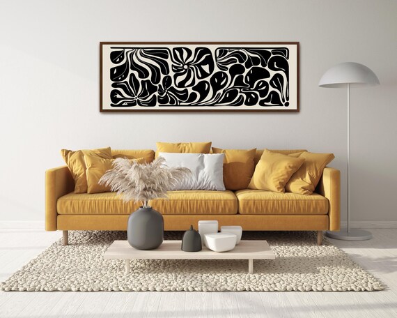 Large Abstract Botanical Horizontal Canvas Print | Neutral Matisse Inspired Wall Art | Black Beige