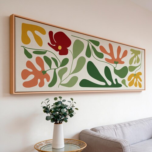 Long Horizontal Multicolor Botanical Matisse Style Print: Abstract Boho Floral Framed Canvas Wide Art