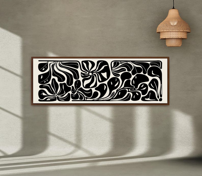 Abstract Botanical Horizontal Canvas Print | Long Matisse Inspired Coastal Wall Art, Neutral Black image 17