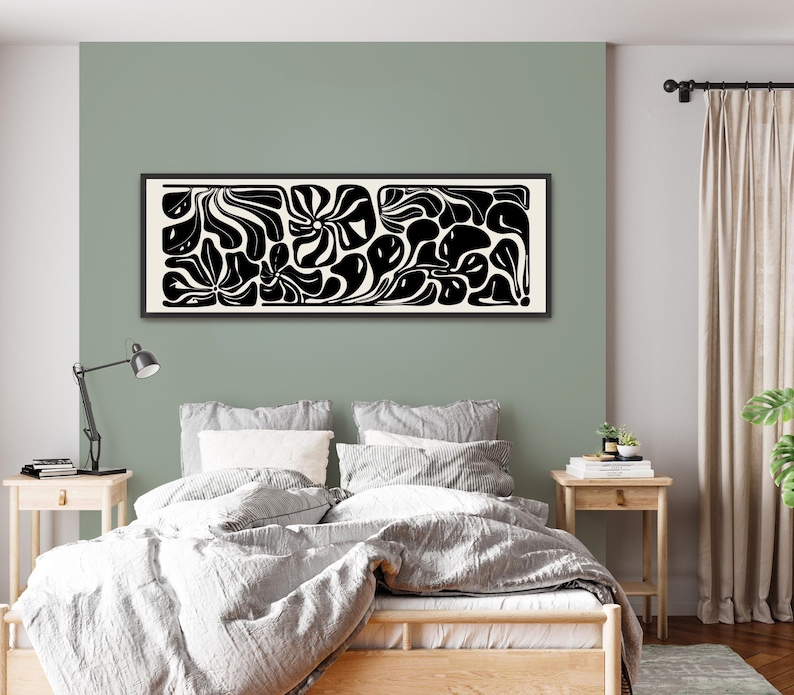 Abstract Botanical Horizontal Canvas Print | Long Matisse Inspired Coastal Wall Art, Neutral Black image 12