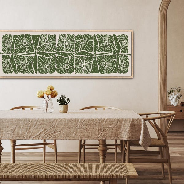 Framed Abstract Botanical Canvas Art, Long Horizontal Green Floral Print